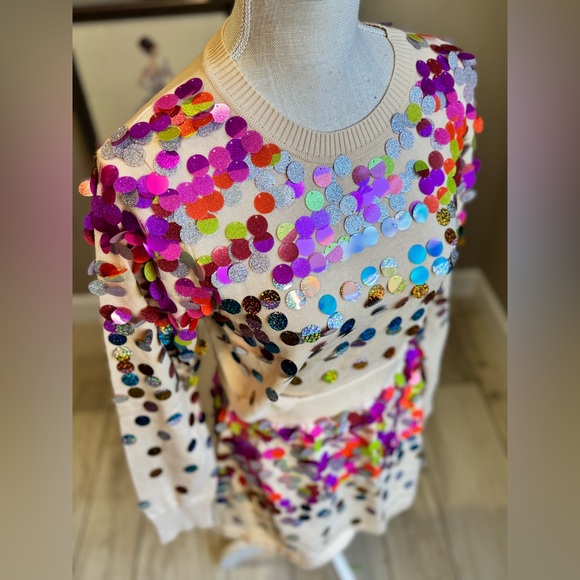 New! SET! QUEEN OF SPARKLES Cream & Rainbow Paillette Sequin Skirt + Sweater Set - Picture 3 of 9